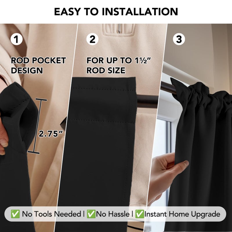 Deconovo Blackout Curtains, Thermal Insulated Rod Pocket Window Drapes, Noise Reducing, Oeko-TEX Certified, Room Darkening Curtains for Bedroom/Living Room, 2 Panels, Black, 42W x 63L - Image 3
